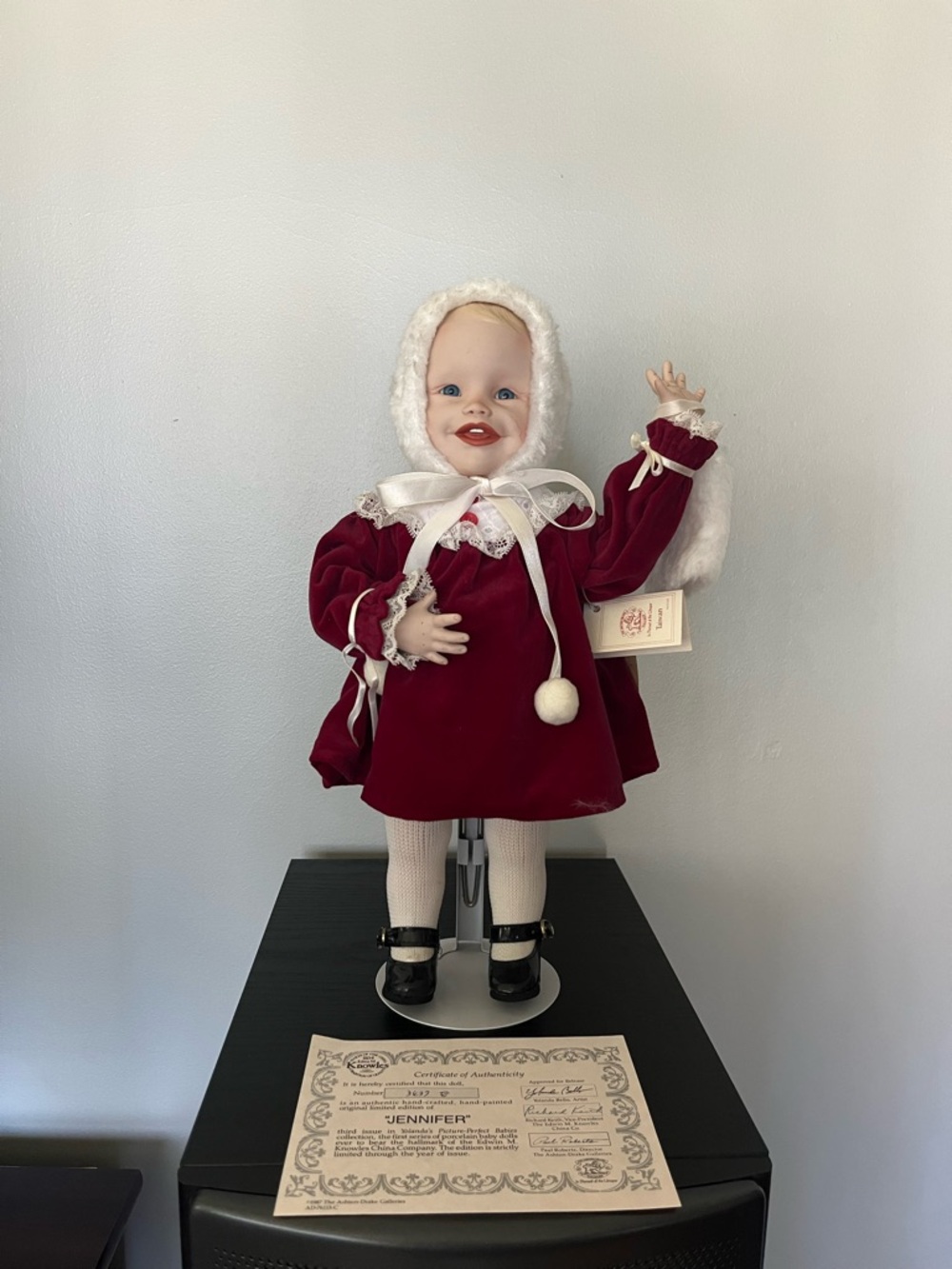 Knowles porcelain Doll “Jennifer”with White Bonnet